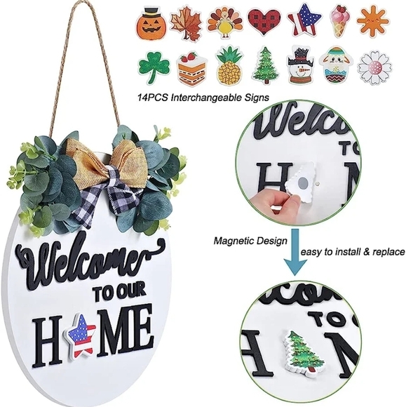 WELCOME TO OUR HOME WHITE INTERCHANGEABLE WOODEN SIGN DOORKNOCKER SIZE 12x12 NWT - Picture 2 of 11